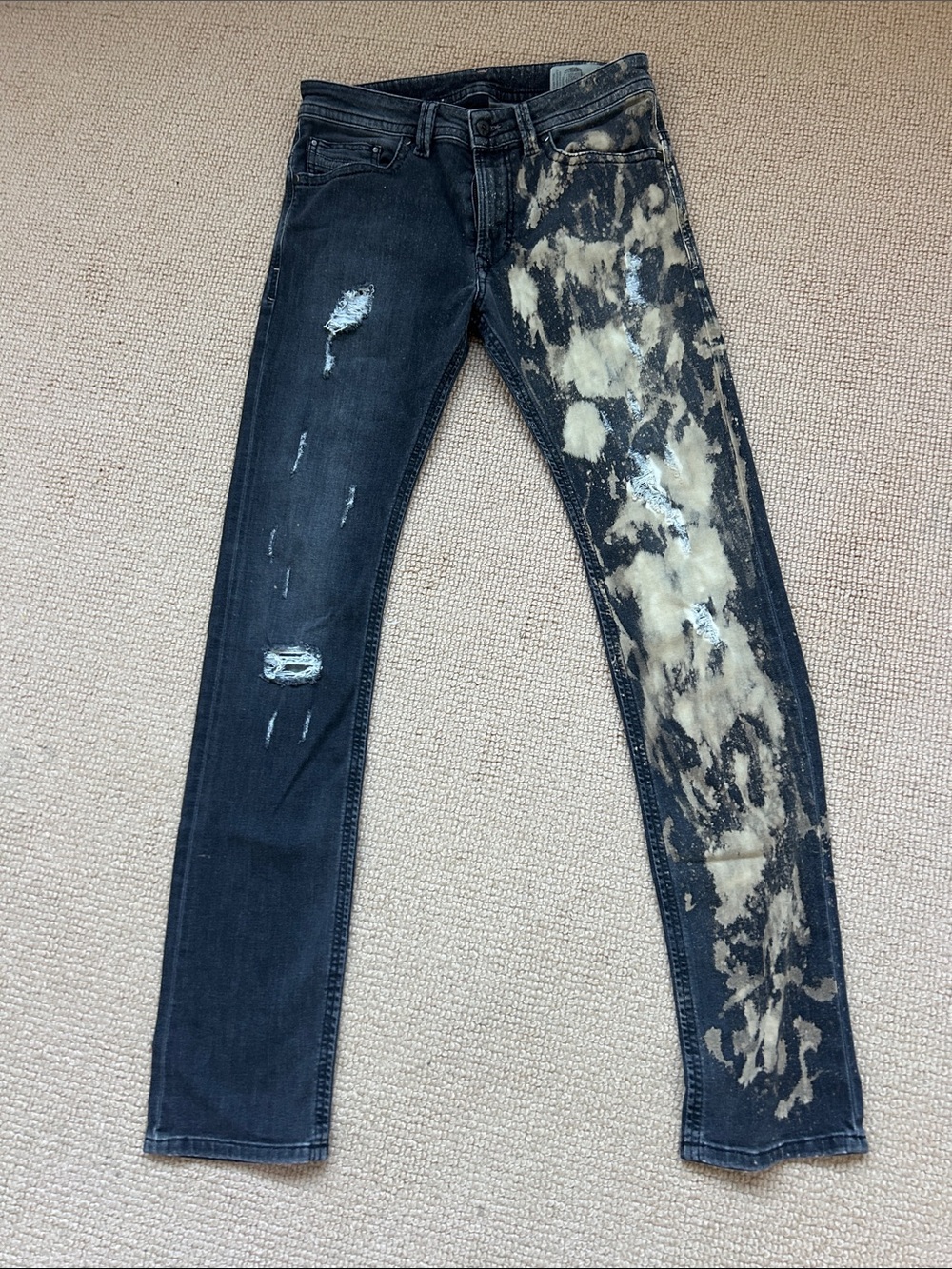 Men’s Diesel Black Distressed Slim Jeans with Bleach Effect. Size 28w x 32l